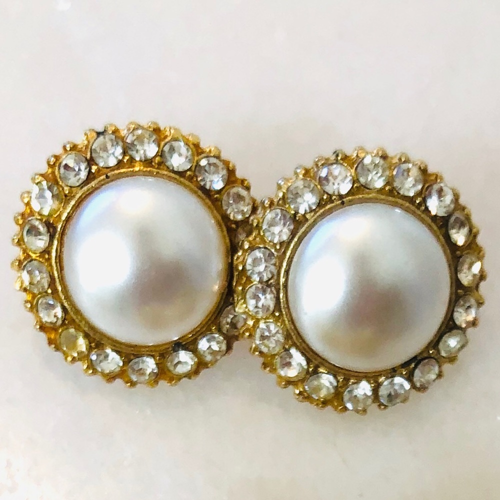 Earrings - Pearl & Rhinestone (Faux), gold plate